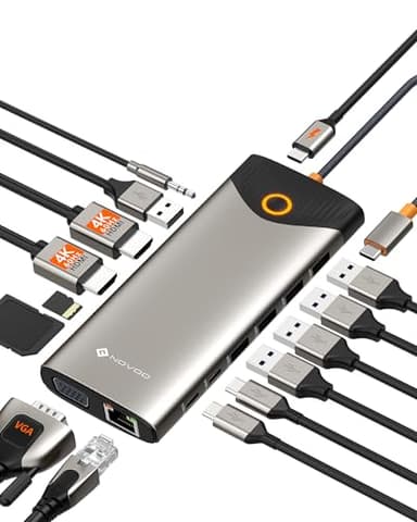 NOVOO Estación de Acoplamiento USB C, 15 en 1 Hub USB C con Adaptador HDMI Dual 4K@60Hz, Puertos USB C/A, 100W PD, RJ45, SD/TF y Audio, Multiport Hub para MacBook/iPad/iPhone/DELL/HP/Lenovo