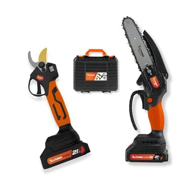 Altuna - Kit de Poda a Batería de Titanio - Motosierra a Batería + Tijeras de Podar Eléctricas - Incluye 2 Baterías 2Ah - Con Maletín, Cargador y Cinturón Portaherramientas