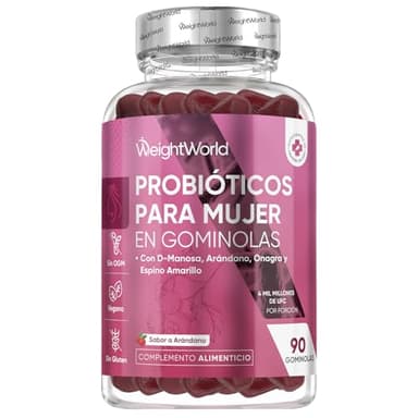 Probióticos Mujer Flora Íntima e Intestinal - 90 Gominolas para Mujer con Sabor a Árandano - 4 Mil Millones de UFC, D-Manosa, Arándano, Espino Amarillo y Aceite de Onagra - Vegano, Sin OGM