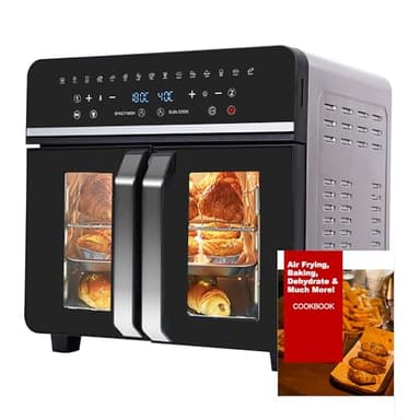 Freidora sin Aceite y Horno de Aire Caliente 23 litros, Emphsism Freidora de aire XXL con compartimento doble 2600W Oven, Pantalla LED táctil, 15 Programas, 11 Accesorios Incluidos