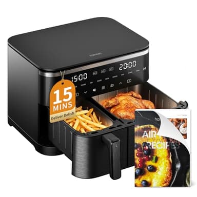 HAIMEEC Air Fryer 11L, Doble Cesta freidora aire 10 en 1, Pantalla Táctil Digital, 70% Menos Energía, Cestas Independientes Antiadherentes, Regulables 30-200°C