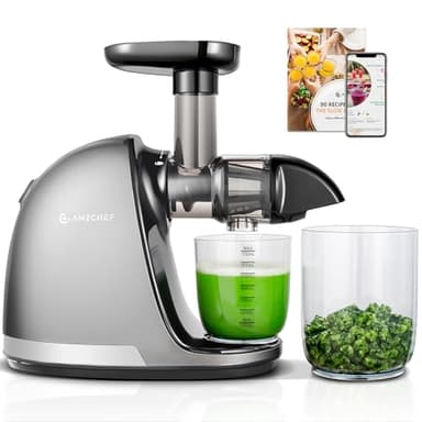 AMZCHEF Licuadora prensado en frío - Extractor de zumos y verduras - Licuadoras para zumos con 2 depósitos y cepillo - Cold press slow juicer machine con función de masticación inversa - Plata