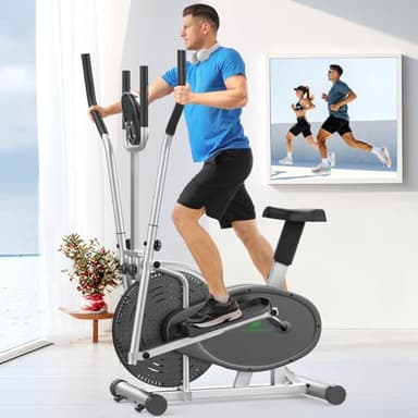 Neezee Bicicleta Elíptica para Casa, Crosstrainer Elíptico Compacto 2 en 1 con Monitor LCD, Asiento ergonómico, Resistencia Ajustable Mejorada, Elipticas Fitness Casa Peso Máximo 120 KG (Plateado)