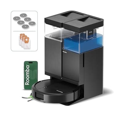 iRobot Roomba Plus 516 Combo Base AutoWash multifunción autolimpiable, 22KPa, Mopas DualClean Elevables y Extensible, Lava 75º, Seca 45º, Clearview LiDAR, Autonomía 90 Días, Accesorios Extra, Negro