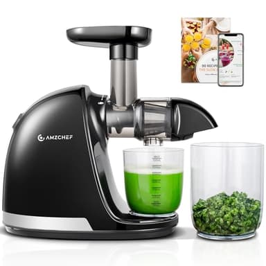 AMZCHEF Licuadora prensado en frío - Extractor de zumos y verduras - Licuadoras para zumos con 2 depósitos y cepillo - Cold press slow juicer machine con función de masticación inversa - Negro Mate