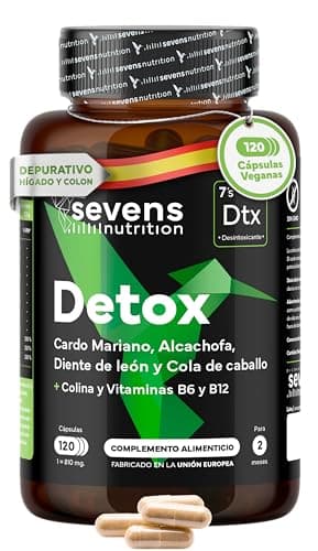 Cardo Mariano con Alcachofa, Diente de León, Colina y Cola de Caballo | 120 Cápsulas Detox para Hígado y Colon | Suplemento Natural Enriquecido con Vitaminas B6, B9 y B12 | Detox Hepático y Digestivo