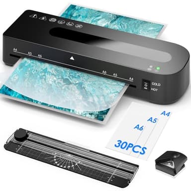 Plastificadora A4 Máquina Laminadora 4 en 1 con 30 Bolsas de Plastificación para A4/A5/A6, Calentamiento Rápido, Plastificadora Frío Caliente con Cortador de Papel y Redondeador de Esquinas