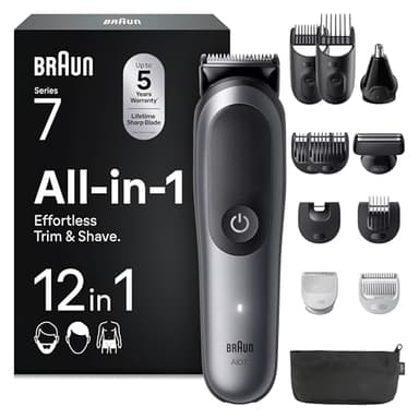Braun Recortadora Todo en Uno Series 7 AIO7545, Kit de Styling 12en1 para Barba, Pelo, Orejas, Nariz Y Cuerpo, 14 Longitudes, 120 Min de Autonomía, Gris, El Embalaje Puede Variar