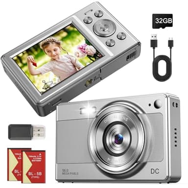 Digital Camara de Fotos, Compacta Camara Digital Vintage, Camera Fotografia con Tarjeta 32GB para Niños Principiantes Adulto, 2,8", 56MP, 1080P FHD, Dos Baterías (Plateado)