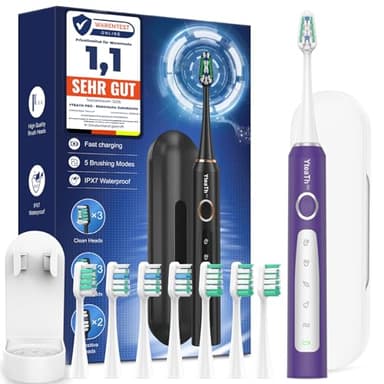 Cepillo de Dientes Eléctrico Sónico para Mujer - Cepillo Electrico Sónico Adultos con 8 Cabezales y Estuche de Viaje, 5 Modos, IPX7 Impermeable, Cepillo Dientes Electrico Viaje Recargable, Púrpura