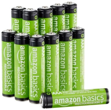 Amazon Basics paquete de 12 pilas AAA NiMH recargables, 800 mAh, 1,2 V, se recargan hasta 1000 veces, precargadas