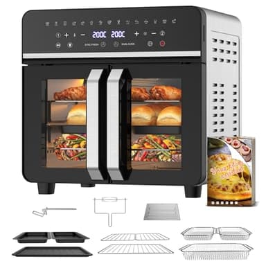 EMPHSISM Freidora de Aire 23L XXL Mini Horno con Puertas Francesas, 2600W Air Fryer Dual Zone con Smart-Touch, Sync Finish, 15 Programas, Recetario & 13 Accesorios Inclusos, Metal