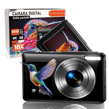 TAGALOA®Super Pack Camara Digital 4K De Doble Pantalla con 48 MP + Tarjeta SD 64GB + Bolsa De Transporte | Zoom Digital 18X | Camara De Fotos | Camara De Fotos Digital | Cámara para Niños