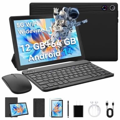 Laptok Tablet con Teclado - MUJENYZ Android14 Tablet 10 Pulgadas, 12GB RAM+64GB ROM+Expandible 1TB, WIFI6+BT5.4/Widevine L1/GMS/5000mAh, Stylus, Teclado, Ratón, Auriculares, Funda