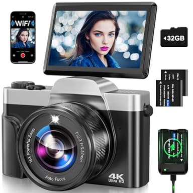 Camara de Fotos con WiFi, 64MP 4K Autofocus Camara Digital Compacta con Pantalla Flip De 180° De 3" Zoom Digital 16X, Tarjeta De 32 GB Estación de Carga, 2 Baterías para Principiantes, Adolescentes