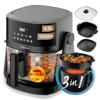 NARVI – Freidora de Aire 4,5L 1500W – Air Fryer 3 en 1 con Cazuela y Parrilla, Cocción 360°, Freidora de Aire Panel Digital Táctil, 6 Menús Automáticos, Ventana Visible, Sin BPA