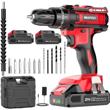 MHPRO Taladro Percutor a Bateria 21V, Taladro Atornillador Bateria con 2 Baterías 2000mAh, 42Nm, 25+3 Ajuste de Par Destornillador Electrico, 30 Accesorios, 2 Velocidad, LED Luz Para Hogar, Bricolaje