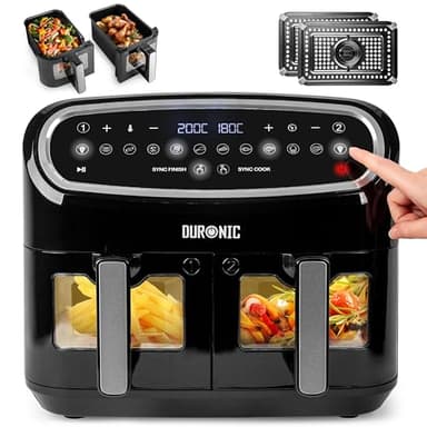 Duronic AF24 Freidora de aire de 2400 W | 2 cestas de 5 L para toda la familia | Pantalla ancha de control | 10 programas de cocción preestablecidos | Libre de aceite | Funciones Sync Cook y Sync