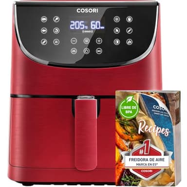 Cosori Freidora de Aire Duradera 5,5L Air Fryer 1700W, Tecnología Rapid Air, 55% Menos Energía, 13 Automáticos Modos,Uso Fácil, Panel Táctil, Acero Inox Interior, Hasta 205ºC y 60 Min, Roja-Granate