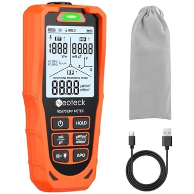 Neoteck Medidor EMF Medidor de Campos Electromagnéticos 3 EN 1 con Detección Magnética Triaxial(X/Y/Z) y 3 Tipos de Fuentes de Radiación RF Detector EMF Recargable para Hogar Oficina