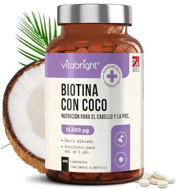 Biotina Para el Cabello, Piel y Uñas Ultra Fuerte 12.000 µg Pastillas | Suministro para 1 Año | Biotina con Coco Anticaida y Crecimiento Cabello Mujer | B7 Vitaminas Para el Pelo | VitaBright Biotin
