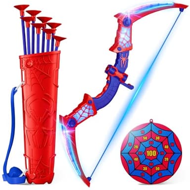 Mirthigig Juguetes Niños 3 4 5 6 7 8 9 10 Años ArcoFlecha con Luces LED Rojas & Azules, Carcaj & Diana Telaraña Regalo Niño 3-12 Años Juegos Exterior Niños Regalos Juguetes para Niños de 3-12 Años