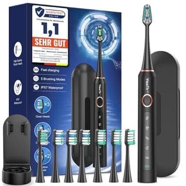 Cepillo de Dientes Eléctrico Sónico para Adultos - Cepillo Electrico Sónico con 8 Cabezales y Estuche de Viaje, 5 Modos, IPX7 Impermeable, Cepillo Dientes Electrico de Viaje Recargable, Negro