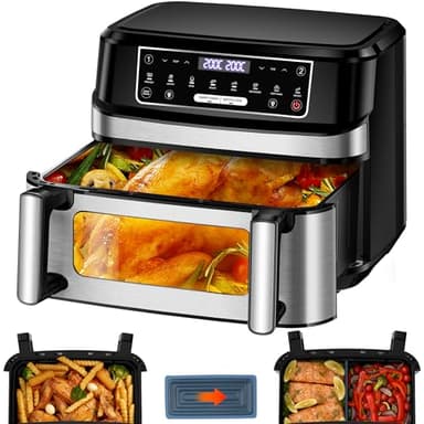 Freidora de Aire 12L con Recetas | Airfryer XXL Cesta Única Dobles Ajustable 8-en-1 Freidora Aire Grande Doble Zona Control de Temperatura Independiente,Air Fryer Máx 200℃ con Ventana y Luz Interior
