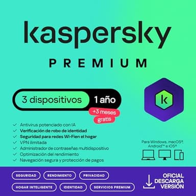 Kaspersky Premium Total Security 2026 | 3 Dispositivos | 1 Año +3 Meses Gratis | Anti-Phishing y Firewall | VPN ilimitada | Gestor de contraseñas | Control parental | Soporte 24/7 |Código por email