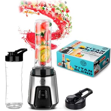 3JG® Batidora de Vaso Portátil Titan Power 300W, 2 Vasos Portátiles de 600ml de plastico y 2 Tapas, Sin BPA, Batidora de vaso, Mini Batidora Proteinas, 4 Cuchillas de Acero Inoxidable.