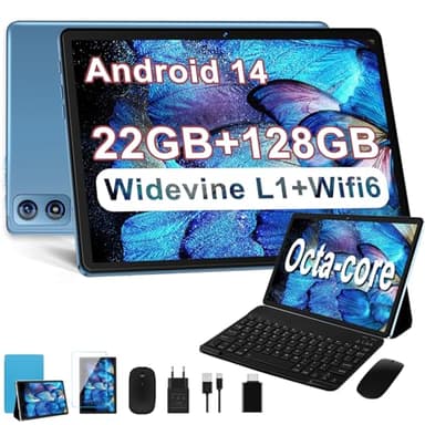 Dghrti Tablet Android 14 10 Pulgadas, 22GB RAM + 128GB ROM (TF 1TB), Octa-Core, 2.0GHz, Widevine L1, 8000mAh, Dual WiFi, 5MP+8MP, Carcasa MetÃlica, Tablet 2 en 1 con Teclado y Ratón-Azul
