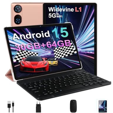 DMOAO Tablet 10 Pulgadas Android 15 con Gemini AI, 30 GB RAM + 64 GB ROM(2 TB Expansión), 5G WiFi, GPS, Widevine L1, Octa-Core, BT 5.0, 6000mAh, USB-C, FHD Tablet con Teclado+ Ratón + Funda, Oro