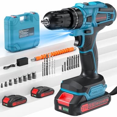 Taladro Percutor a Bateria 21V,Taladro Atornillador Bateria con 2x2.0Ah Baterías, 45Nm Atornillador Electrico,25+3 Ajuste de Par, 2 Velocidad, LED Luz, para en casa y jardín,bricolaje