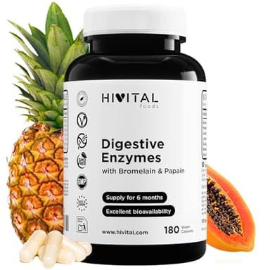 Enzimas Digestivas. 180 cápsulas veganas para 6 meses de tratamiento. Amilasa, Proteasa, Lactasa, Lipasa, Celulasa, Bromelina (Bromelaína) y Papaína. Fabricado en España por HIVITAL