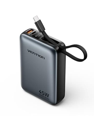 VENTION Mini Power Bank 45 W 20000 mAh con Cable USB-C Integrado, Cargador rápido PD/PPS, baterías externas para teléfono móvil con Pantalla LED para iPhone 16/15/14, Galaxy S25/S24, iPad, Ordenador