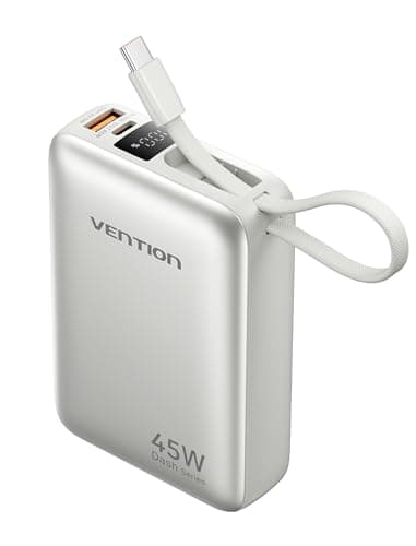 VENTION Mini Power Bank 45 W 20000 mAh con Cable USB-C Integrado, Cargador rápido PD/PPS, baterías externas para teléfono móvil con Pantalla LED para iPhone 16/15/14, Galaxy S25/S24, iPad, Ordenador