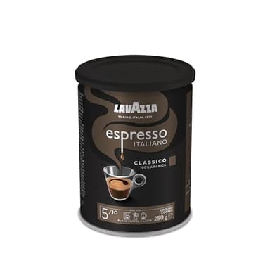 Lavazza, Espresso Italiano Classico, Café Molido Natural, Ideal para Cafetera Italiana, de Filtro y Francesa, con Notas de Caramelo y Chocolate, 100% Arábica, Intensidad 5, Tueste Medio, Lata de 250 g