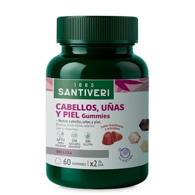 SANTIVERI - Cabellos, Uñas y Piel Gummies, Complemento Alimenticio a Base de Biotina, Vitaminas, Zinc y Selenio, que Contribuyen a Mantener el Estado del Cabello, Uñas y Piel - 60 Gominolas