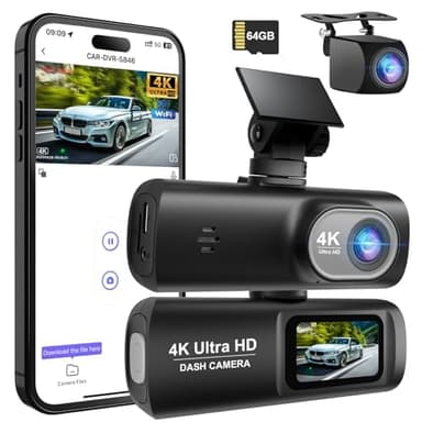 Dashcam 4K+1080P, WiFi Dash CAM Coche Grabadora Camara Vigilancia Coche Cámara para Coche con Tarjeta SD de 64GB, Visión Nocturn, WDR, Sensor G, Monitor de Aparcamiento 24H, Grabación en Bucle