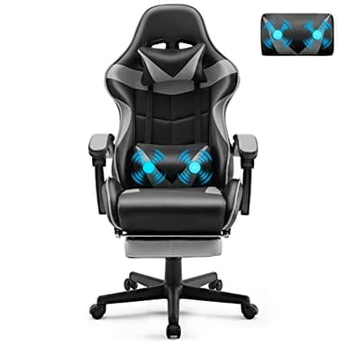 Soontrans Silla Gaming con Masajeador, Silla Gamer con Reposapiés & Reposacabeza & Masaje Vibratorio Cojín Lumbar, Sillon Gaming para Livestreaming Youtube Playstation Xbox (Gris)