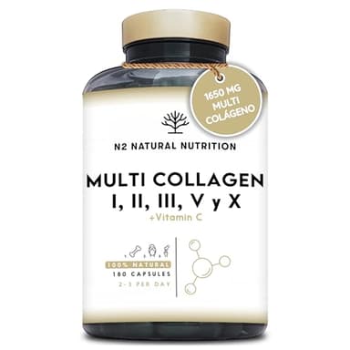 Multi Colágeno Hidrolizado Puro 1650mg + Vitamina C 53mg. Colágeno Tipo I, II, III, V y X, 180 cápsulas. Favorece la Salud de Piel, Cabello, Huesos y Articulaciones. N2 Natural Nutrition.