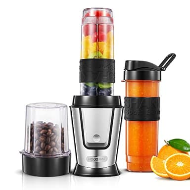 HOUSNAT Batidora de Vaso Individual 3 en 1, Mini Batidora Smoothie Maker con Molinillo de Café 280ml y 2 Portátil Botellas Deportivas 570ml, Acero Inoxidable, Apta para Lavavajillas, 500W