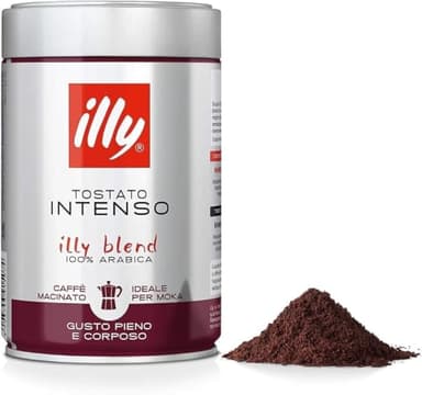 illy, Cafè Molido para Cafeteras Moka INTENSO, 100% Arábica con Notas de Cacao y Frutos Secos, Sabor Decidido y Intenso, Paquete de 250g