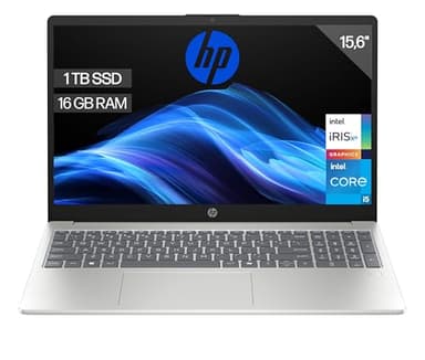 HP Ordenador portátil 15.6" FHD (Intel Core i5-1334U, 16GB RAM, 1TB SSD, Intel Iris Xe Graphics, Sin Sistema Operativo) Plata y Azul - Teclado QWERTY Español