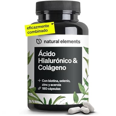 Colágeno + Ácido hialurónico - 180 Cápsulas - Con biotina, selenio, zinc, silicio y vitamina C (Acerola) - Para la piel, el cabello y articulaciones - 1000mg de colágeno hidrolizado