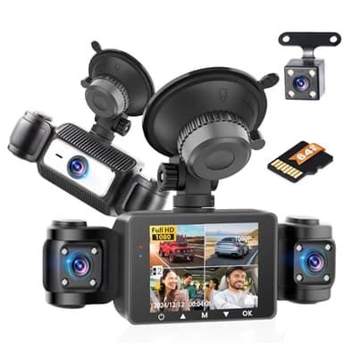 Hikity Dashcam Coche con 4 Camaras 1080P Delantera y Trasera Izquierda Derecha, Camara Coche Grabadora con Grabación en Bucle Sensor G Visión Nocturna Asistencia de Respaldo, con Tarjeta SD de 64GB