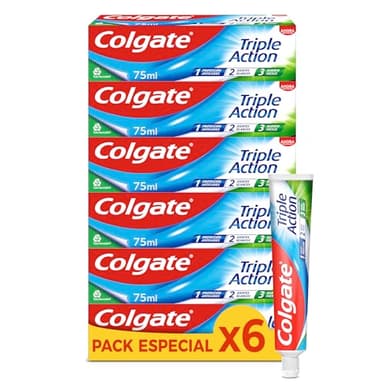 Colgate Triple Acción, Pasta de Dientes con Flúor, Protección Anticaries, Dientes más Blancos, Aliento Fresco, Pack 6 Uds x 75ml