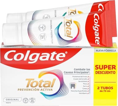 Colgate Total Prevención Activa Original Pasta de Dientes 2x75ml | Combate las causas principales* de los problemas de salud bucodental | 24h de Protección antibacteriana¹ | Clínicamente Probado