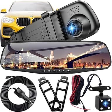Retoo Cámara de Coche Dual 1080p Full HD 4,3”, Cámara Retrovisor para Coche, Dashcam con 170° /120° Gran Angular, Tarjeta SD de 32GB, Grabadora de Conducción, Cámara de Salpicadero Visión Nocturna