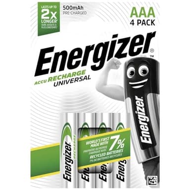 Energizer - Recargables, Pack de 4 pilas AAA 500 mAh, precargada, para dispositivos uso frecuente y cientos de recargas, sin sulfatación